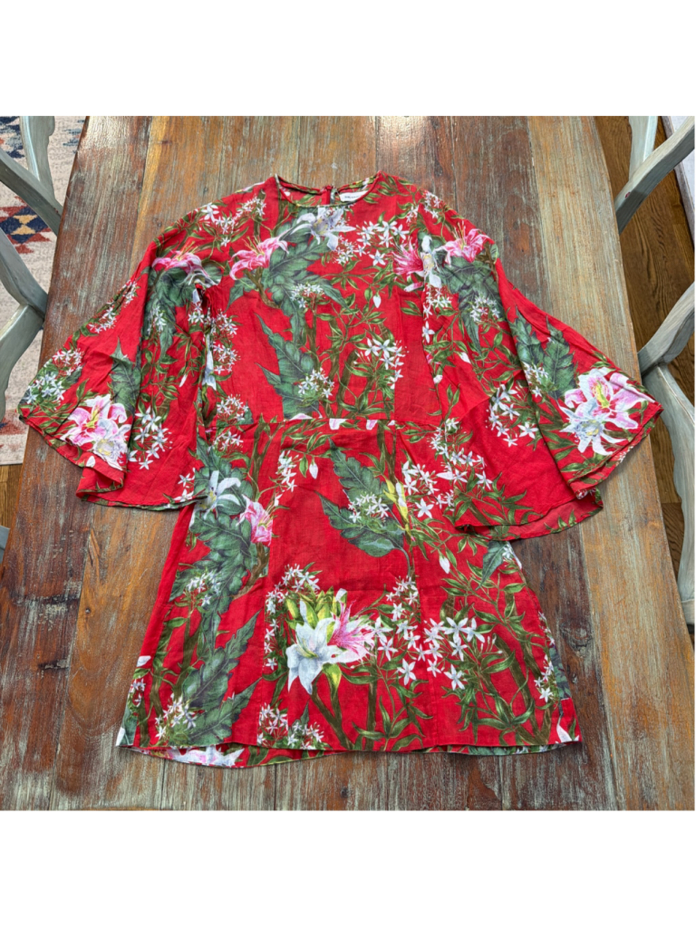 Isabel Marant Étoile Red Tropical Botanical Floral Bell Sleeve Mini Dress Sz 40